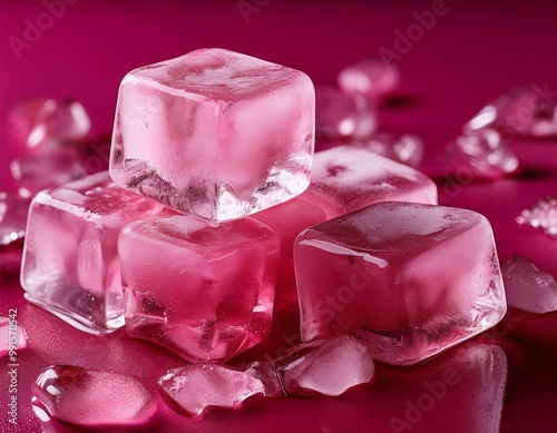 A selection of rosy ice cubes rests on a fuchsia surface near a mound of additional rosy ice fragments