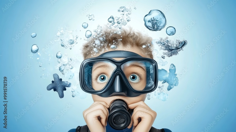 Young diver excitedly capturing underwater moments with a camera, surrounded by bubbles and ocean elements. Young diver excitedly capturing underwater moments with a camera, surrounded by bubbles and ocean elements.