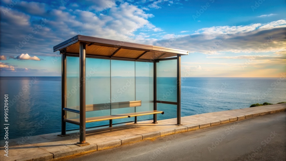 Scenic view of a bus stop overlooking the sea , bus stop, ocean, sea, seaside, coastal, transportation, waiting, travel Scenic view of a bus stop overlooking the sea , bus stop, ocean, sea, seaside, coastal, transportation, waiting, travel