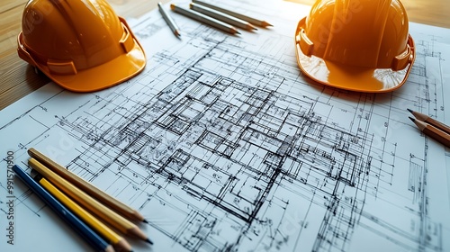 A close-up shot of a blueprint with finely detailed architectural sketches, surrounded by drafting pencils, and a hard hat placed nearby. The lighting creates subtle shadows on the paper, photo