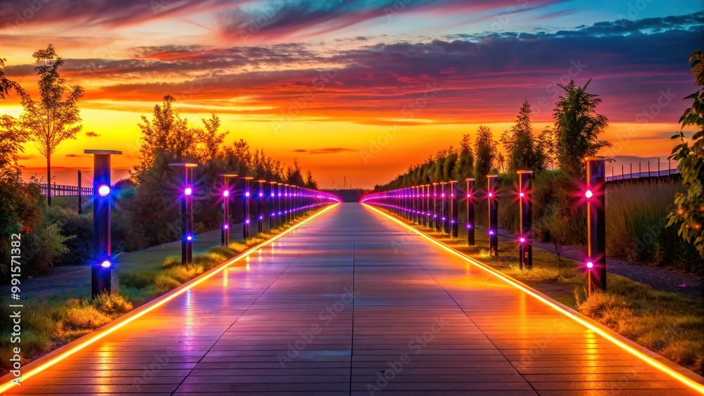 Neon lights shining along a pathway at sunset, neon lights, pathway, sunset, glow, vibrant, colorful, dusk, evening Neon lights shining along a pathway at sunset, neon lights, pathway, sunset, glow, vibrant, colorful, dusk, evening