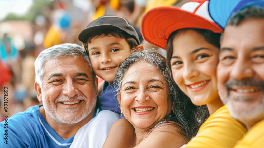 A cheerful gathering of a South American family enjoying the electric atmosphere at a soccer match, filled with shared laughter and vibrant energy A cheerful gathering of a South American family enjoying the electric atmosphere at a soccer match, filled with shared laughter and vibrant energy