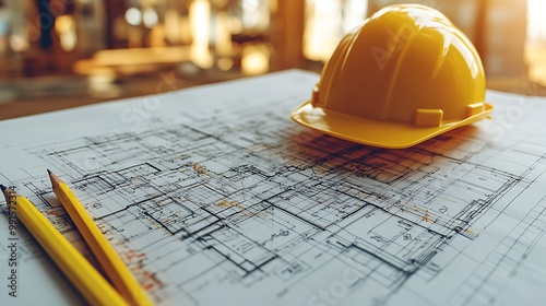 A close-up shot of a detailed architectural blueprint with pencils and a bright yellow hard hat positioned nearby, symbolizing the ongoing design process. Soft light illuminates the plan, photo