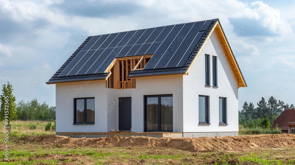 House under construction with solar panels being installed on the roof, House Under Construction, Solar installation House under construction with solar panels being installed on the roof, House Under Construction, Solar installation