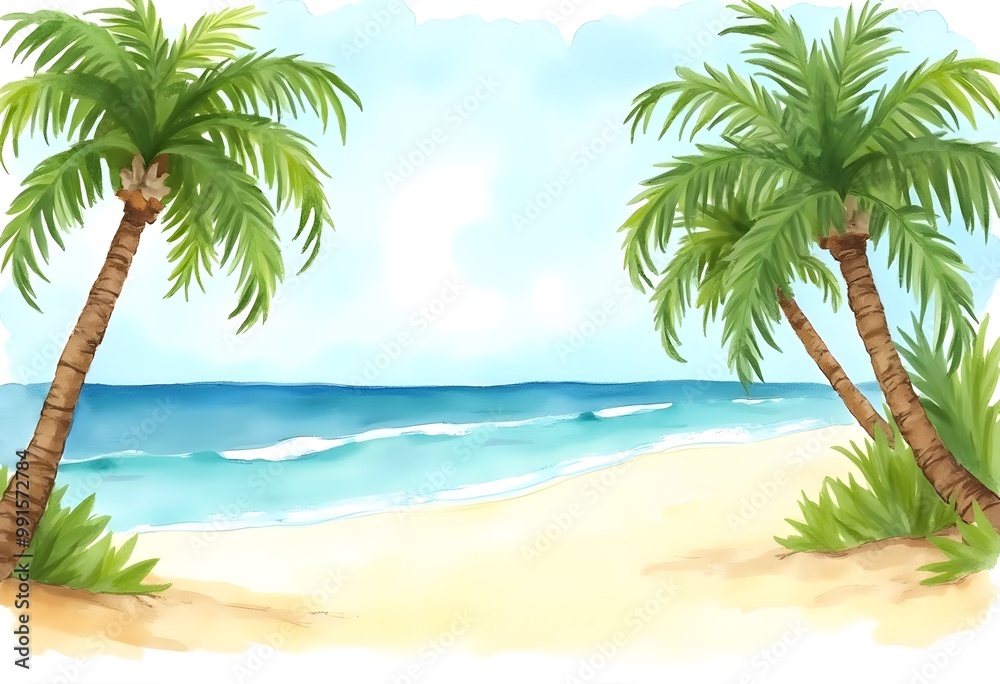 Fototapeta premium Tropical beach paradise watercolor scene with palm trees and copy space
