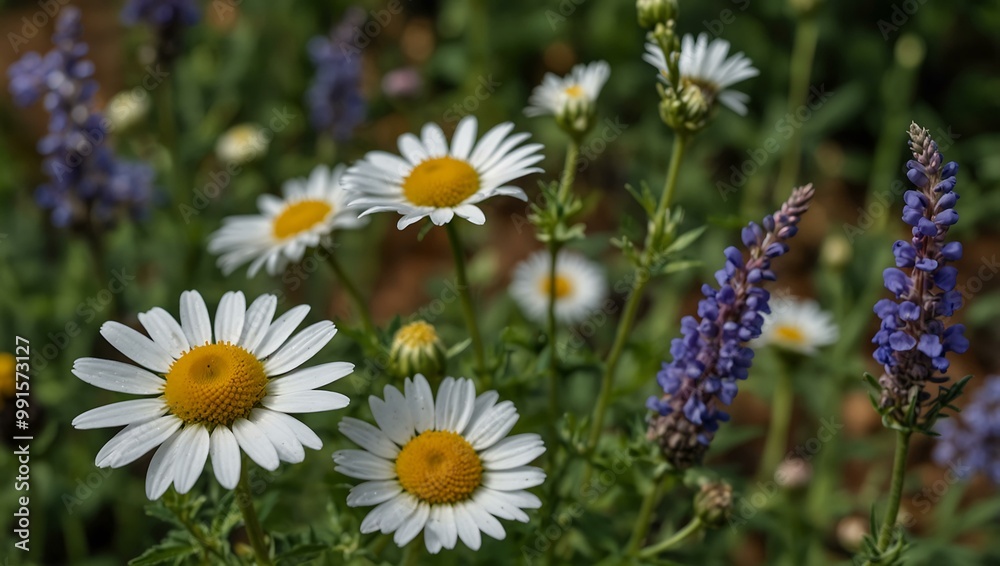 Chamomile and Salvia nemorosa in bloom. Chamomile and Salvia nemorosa in bloom.