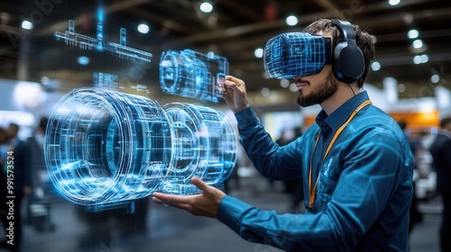 Man using virtual reality headset to interact with holographic interface at a tech exhibition, exploring innovative technology concepts.