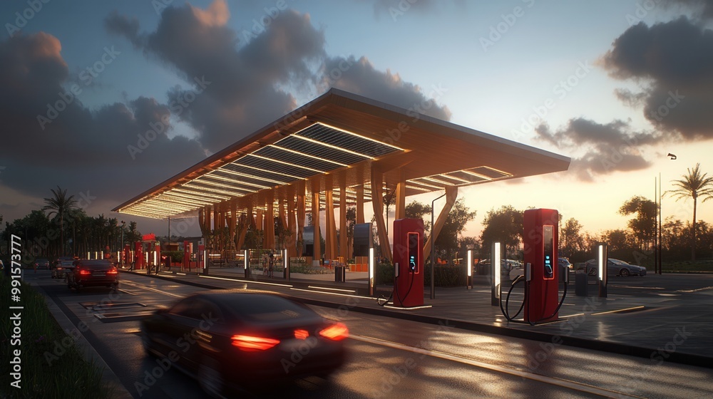 custom made wallpaper toronto digitalModern electric vehicle charging station at sunset with moving cars and illuminated lights in an urban environment.