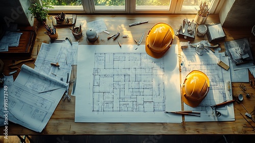 A close-up shot of an architect’s desk with scattered blueprints, drafting tools, and a hard hat resting on the edge. The scene is bathed in soft natural light, photo