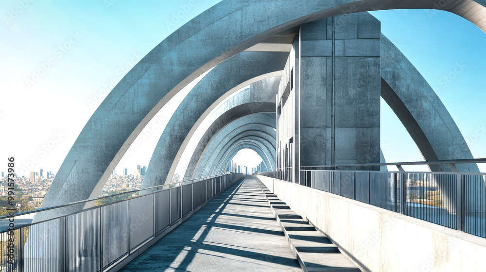 Fototapeta premium Modern arched steel bridge with pedestrian access and cityscape view under clear blue sky during daylight