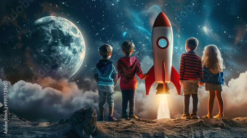 A group of children launching a business startup from a rocket ship, where their ideas fuel the journey into the stars, aiming to set up shop on the moon photo