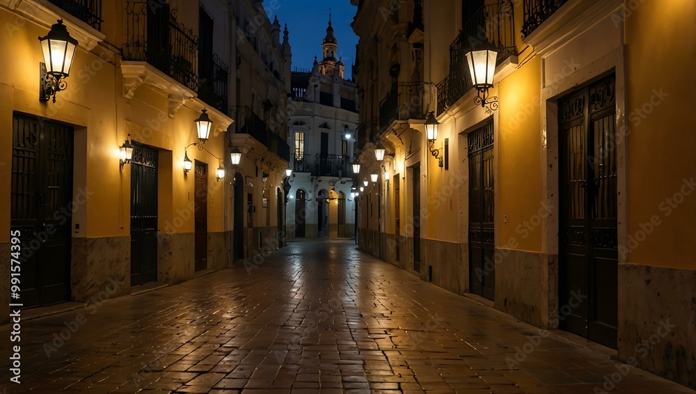 Obraz premium Charming street with lanterns in historic Seville.