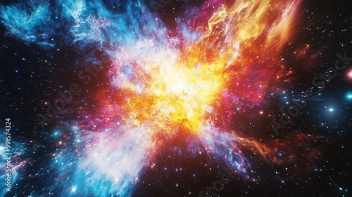 Vivid, colorful cosmic explosion with swirling gases and expanding stars, showcasing the Big Bang's intense energy