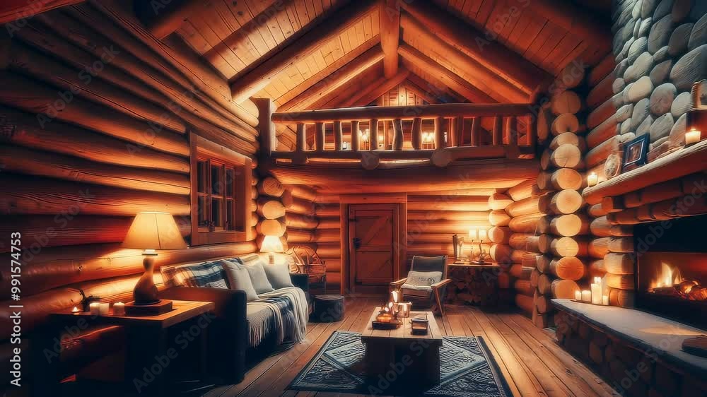 Real estate Cozy cabin interior, log walls, a stone fireplace, soft lighting in the space. Real estate Cozy cabin interior, log walls, a stone fireplace, soft lighting in the space.