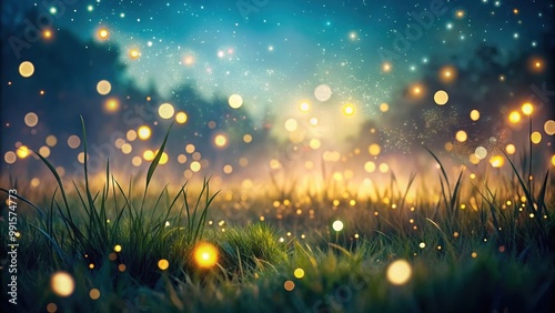 Peaceful night in a meadow with fireflies glowing, bokeh effect blurring the background, meadow, fireflies, night, gentle