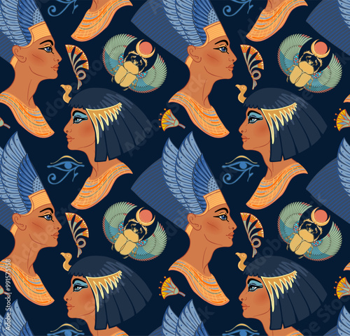 Ancient Egypt. Vintage seamless pattern with Egyptian gods and symbols. Retro hand drawn vector repeating illustration. Ra, Isis, Anubis, Sekhtmet, Cleopatra, pyramid.
