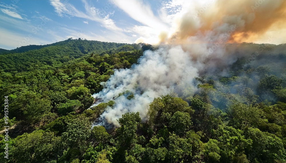 Bird's eye perspective of fire at jacks hill woods, kingston, jamaica, induced by rising temperatures and impacts of climate change Bird's eye perspective of fire at jacks hill woods, kingston, jamaica, induced by rising temperatures and impacts of climate change