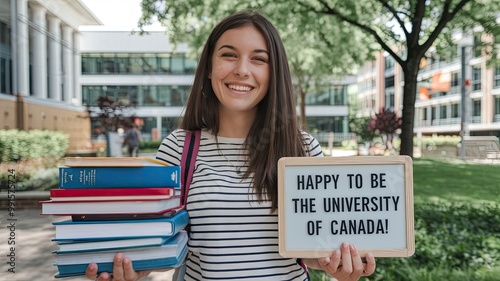 A photo of a female student with a big smile, standing outdoors on a university campus. She is holding a stack of books in one hand and a small whiteboard in the other. The whiteboard has the text 