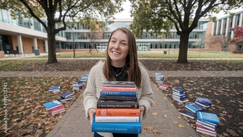 A photo of a female student with a smile at a university campus. She is standing outdoors and holding a stack of books. There are multiple books scattered on the ground around her. The campus has a fe