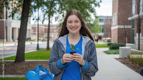 A portrait of a happy female student outdoors at a university campus. She is holding a small plant and wearing a blue shirt and a grey jacket. The background contains buildings, trees, and a sidewalk.