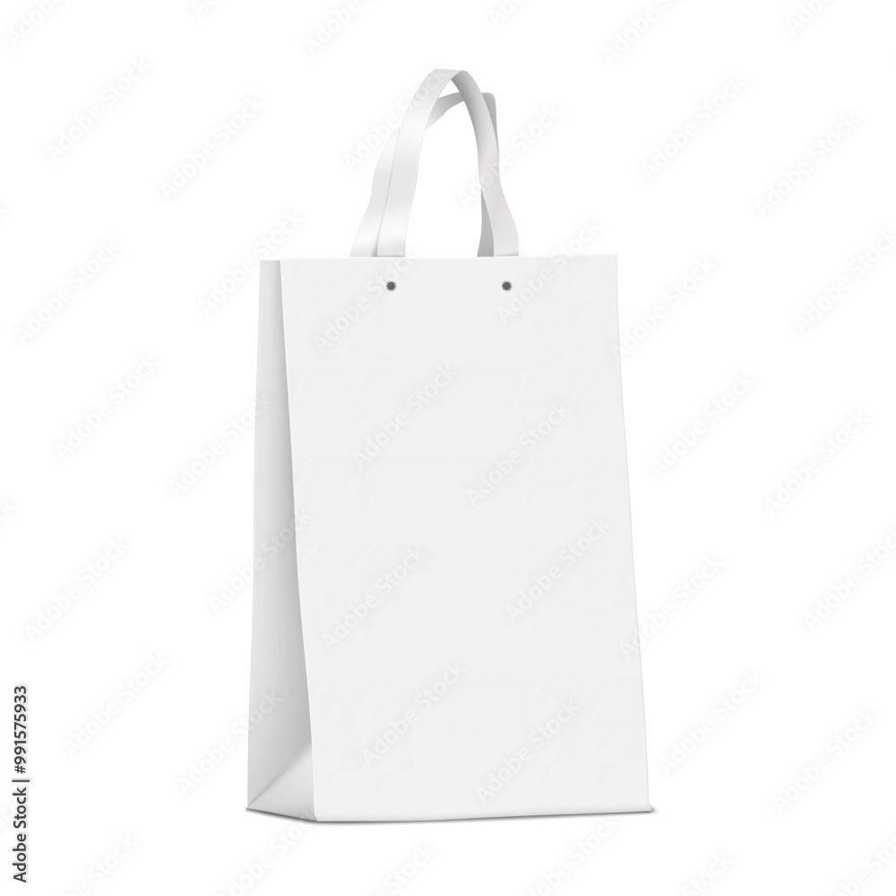 White blank flat handle paper gift bag. 3d mockup. Isolated merchandise gusseted package with eyelet fixed handles. Realistic vector mock-up. Template for design White blank flat handle paper gift bag. 3d mockup. Isolated merchandise gusseted package with eyelet fixed handles. Realistic vector mock-up. Template for design