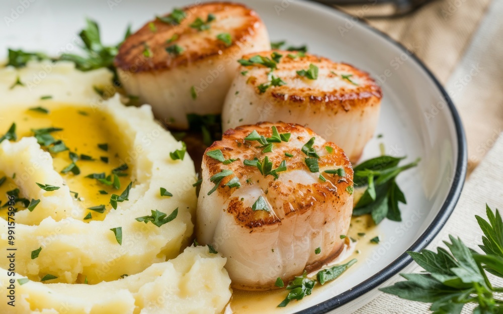 Scallops with mashed potatoes. Pan seared scallops served with mashed potatoes and fresh herbs. A delicious, easy meal for any night. Scallops with mashed potatoes. Pan seared scallops served with mashed potatoes and fresh herbs. A delicious, easy meal for any night.