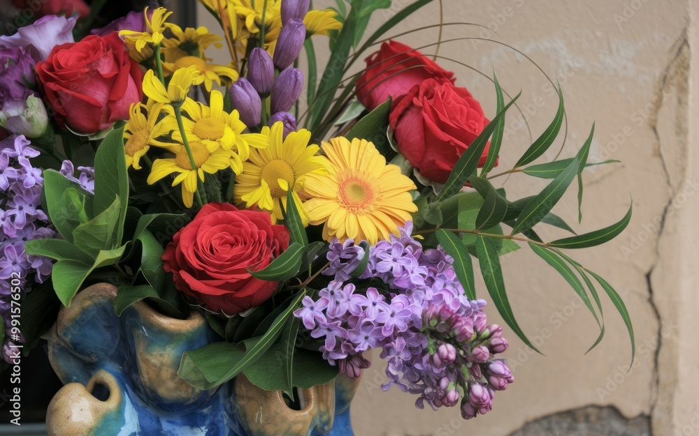 Colorful flower arrangement. A vibrant bouquet of red roses, yellow daisies, purple lilacs, and green foliage. The flowers are arranged in a vase and create a cheerful and festive atmosphere. Colorful flower arrangement. A vibrant bouquet of red roses, yellow daisies, purple lilacs, and green foliage. The flowers are arranged in a vase and create a cheerful and festive atmosphere.