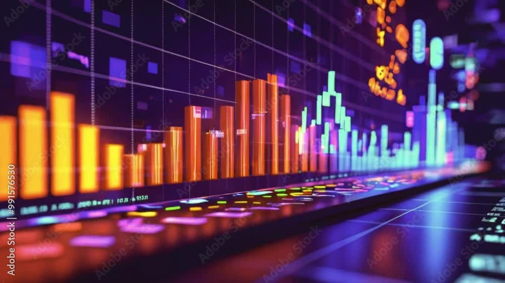 Tall 3D bar graphs rise from a digital floor, stock value. bars stock grows, red to green, volume and trends bars as holographic overlays, 4k stock market Background Animation Video Tall 3D bar graphs rise from a digital floor, stock value. bars stock grows, red to green, volume and trends bars as holographic overlays, 4k stock market Background Animation Video