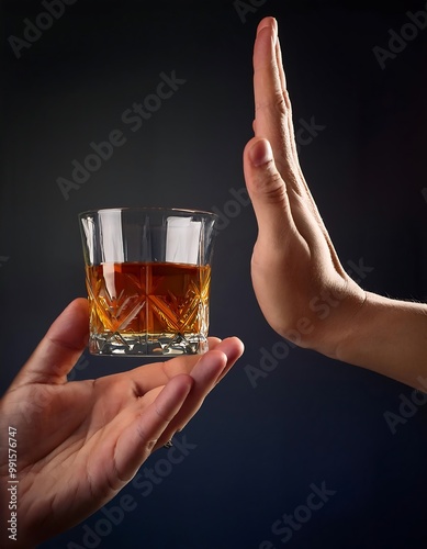 A hand refusing a glass of whiskey.
