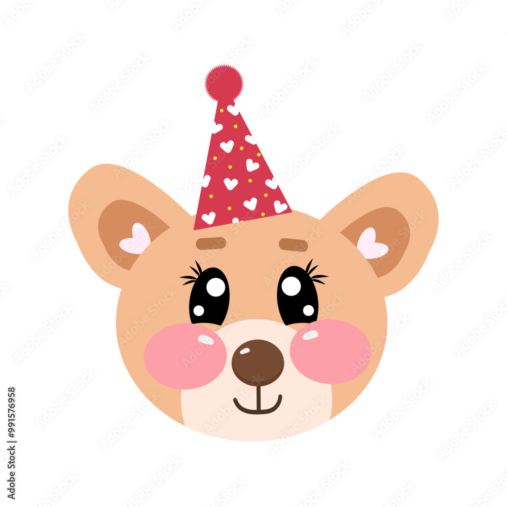 Sweet cute kawaii face, head of dog, puppy or bear with birthday hat. Vector cartoon illustration for baby, kids, children Sweet cute kawaii face, head of dog, puppy or bear with birthday hat. Vector cartoon illustration for baby, kids, children