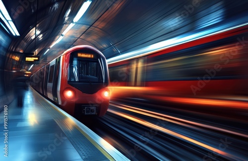 A fast-moving subway train captured with a long exposure, creating dynamic light trails and a sense of speed. The image emphasizes urban motion and modern transportation.