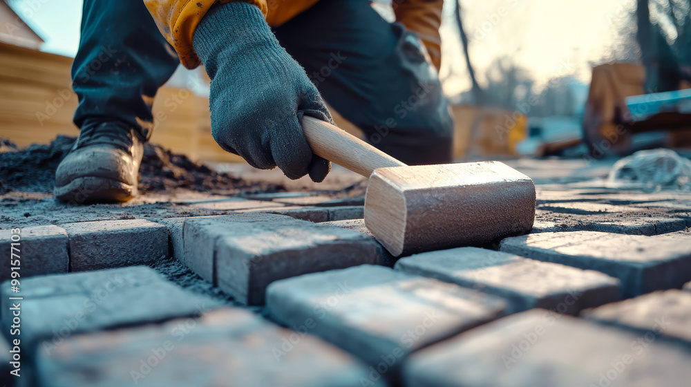 Worker laying pavers with a mallet in the backyard, focused on leveling the concrete path in a residential setting at sunset Worker laying pavers with a mallet in the backyard, focused on leveling the concrete path in a residential setting at sunset
