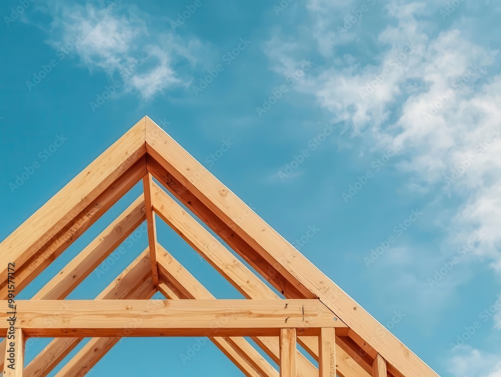 Wooden framework of a house being assembled, bright sky in the background, House Under Construction, Framing stage Wooden framework of a house being assembled, bright sky in the background, House Under Construction, Framing stage