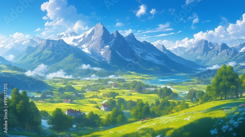 Breathtaking panoramic view of the Alps featuring majestic mountains  , with clear blue sky and radiant sunrays casting golden hues over lush green meadows 