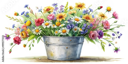 Watercolor Wildflower Meadow Bouquet in Galvanized Bucket for Rustic Mother's Day Postcard Florist Shop Fresh Flower Market