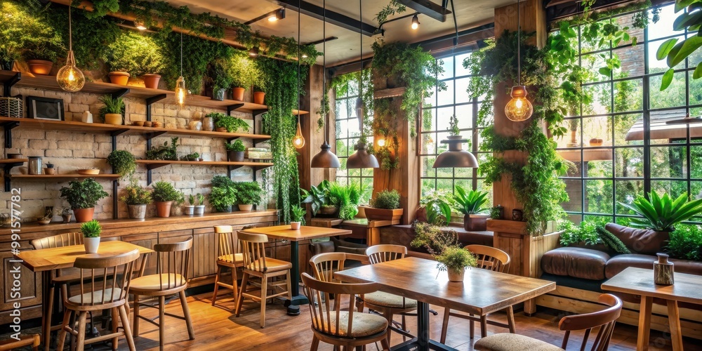 Cozy cafe with greenery and rustic decor creates a welcoming atmosphere for relaxation, cafe, cozy, greenery, rustic Cozy cafe with greenery and rustic decor creates a welcoming atmosphere for relaxation, cafe, cozy, greenery, rustic