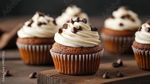 Delicious chocolate cupcake topped with creamy frosting and chocolate chips, perfect for dessert or celebration.