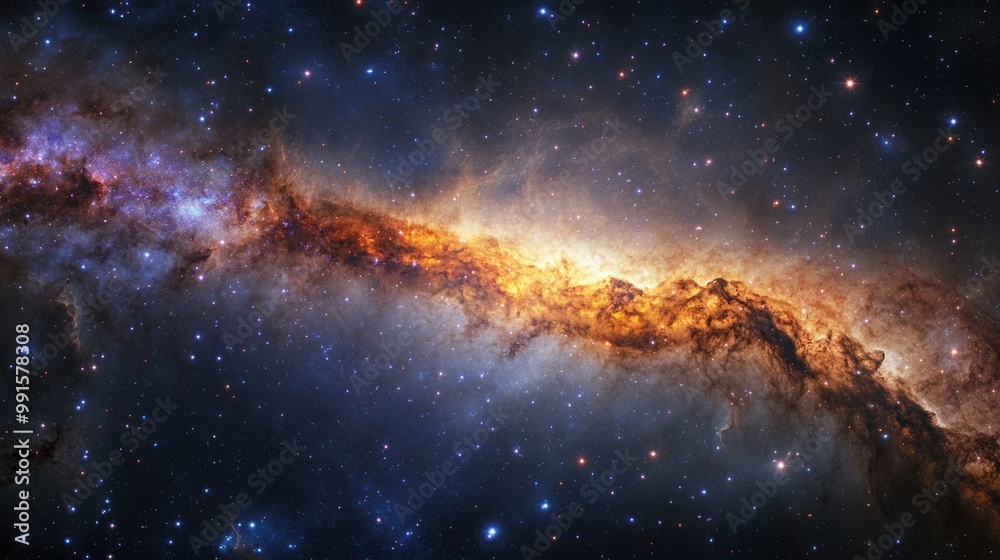 Clear view of the Milky Way's spiral structure, with bright stars and colorful nebulae scattered throughout the galaxy Clear view of the Milky Way's spiral structure, with bright stars and colorful nebulae scattered throughout the galaxy