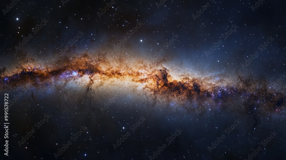 Obraz premium Clear view of the Milky Way's spiral structure, with bright stars and colorful nebulae scattered throughout the galaxy