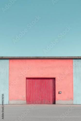 A pink and blue building facade with a red corrugated door, depicting a modern and colorful architectural style.