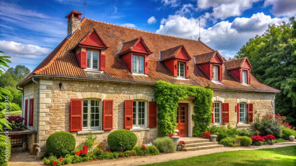 Beautiful French country house with a red tiled roof and charming shutters, maison, French, country, house, red tiled roof Beautiful French country house with a red tiled roof and charming shutters, maison, French, country, house, red tiled roof
