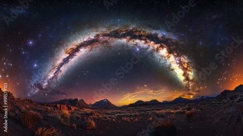 Colorful view of the Milky Way stretching across a night sky filled with bright stars and vibrant cosmic dust clouds