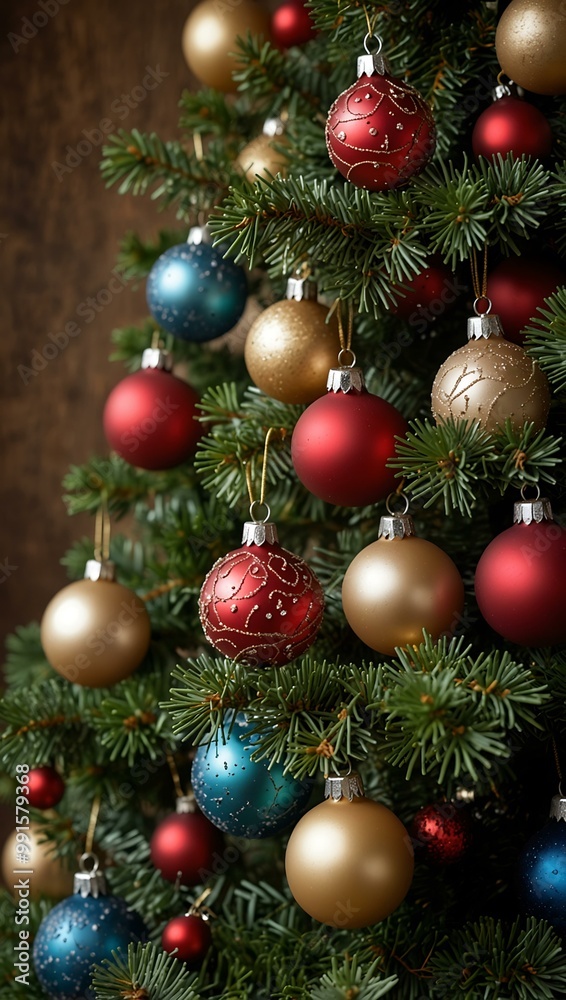 Christmas decorations adorning a tree. Christmas decorations adorning a tree.