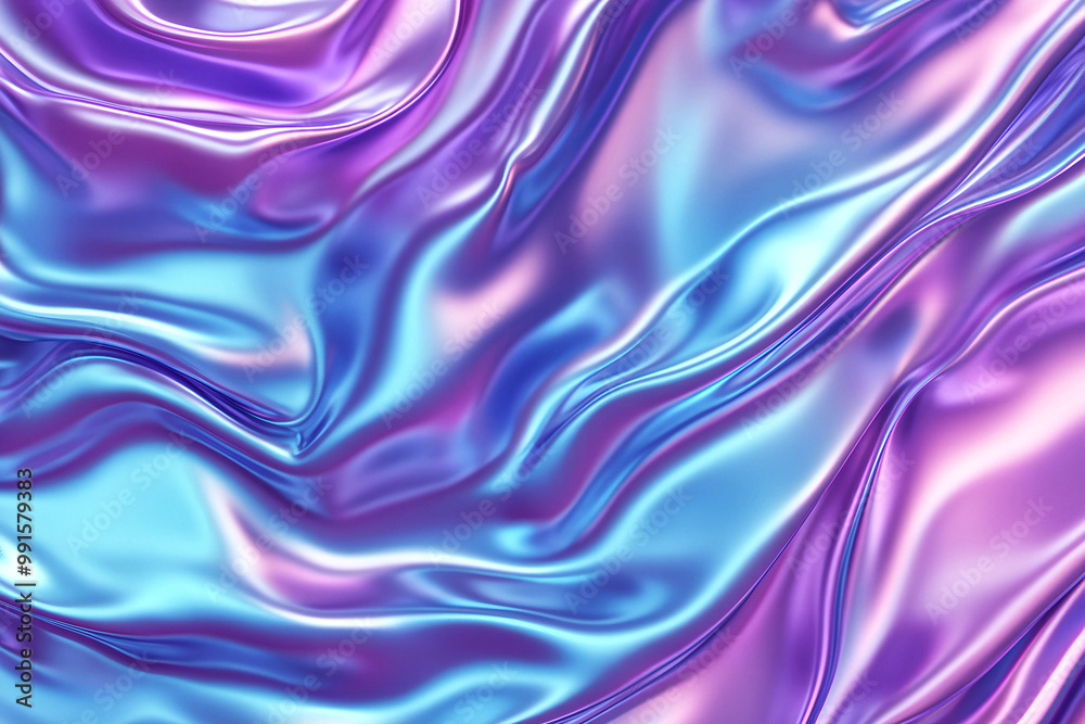 Obraz premium 3d render Metallic liquid background. Abstract neon texture. Rainbow 3d holographic foil. Wavy glossy surface in blue and purple colors Background