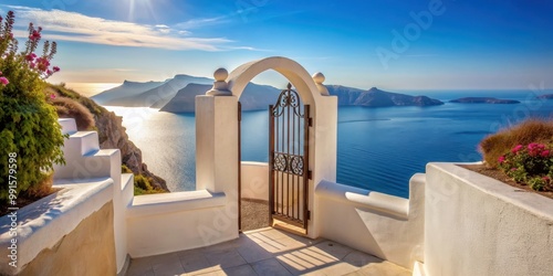 Luxurious Mediterranean gate wall leading to the sea view with stair in Santorini island style rendering, Mediterranean