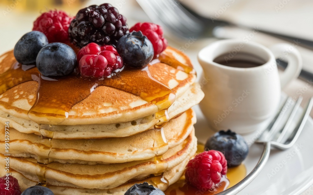 Delicious pancakes with berries. Stack of pancakes topped with berries and syrup. Sweet and tasty breakfast.