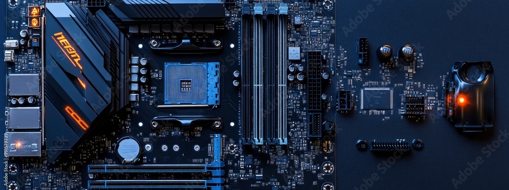Fototapeta premium Close-up of a digital motherboard, components aligned neatly, soft blue light illuminating the surface