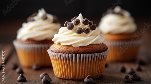 Delicious cupcake topped with creamy frosting and chocolate chips, perfect for any celebration or sweet treat.