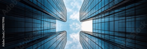 Perspective view looking up between two modern skyscrapers with reflective glass exteriors against a partly cloudy sky. photo