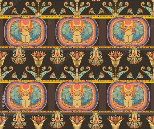Ancient Egypt. Vintage seamless pattern with Egyptian gods and symbols. Retro hand drawn vector repeating illustration. Ra, Isis, Anubis, Sekhtmet, Cleopatra, pyramid.